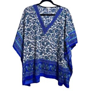 SPENSE Women’s Blue Pullover Silky Poncho Boho Paisley Blouse XL